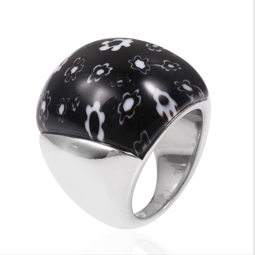 Black Murano Millefiori Glass Stainless Steel Ring - Picture 2 of 4